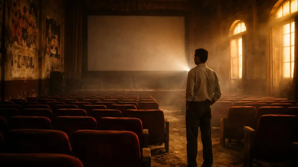 खाली पड़े पुराने सिंगल स्क्रीन सिनेमा हॉल में अकेला खड़ा दर्शक