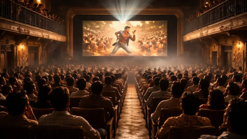 पुराने सिंगल स्क्रीन सिनेमा हॉल के अंदर फिल्म देखते हुए दर्शकों का पुरअसर मंज़र