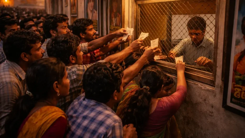 टिकट खिड़की पर भीड़ में खड़े लोग, फिल्म देखने की बेचैनी भरा इंतज़ार