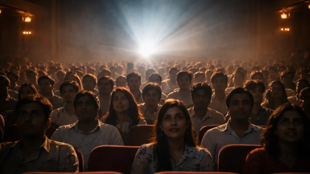 पुराने सिनेमा हॉल में बैठे दर्शकों पर पड़ती प्रोजेक्टर की रोशनी