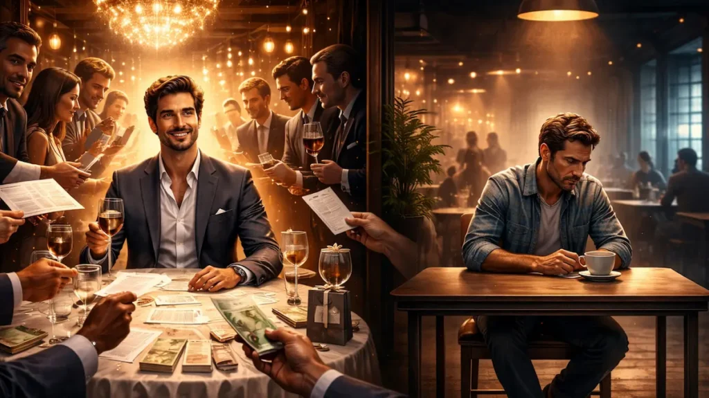 एक अमीर शख़्स के आसपास लोगों की भीड़ और दूसरी तरफ अकेला बैठा साधारण आदमी, इंसानी फितरत का रूपक