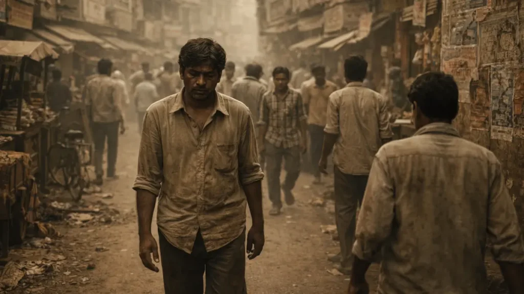 धूल भरी गली में चलता थका हुआ आम आदमी, हालात की सख़्ती झलकती हुई