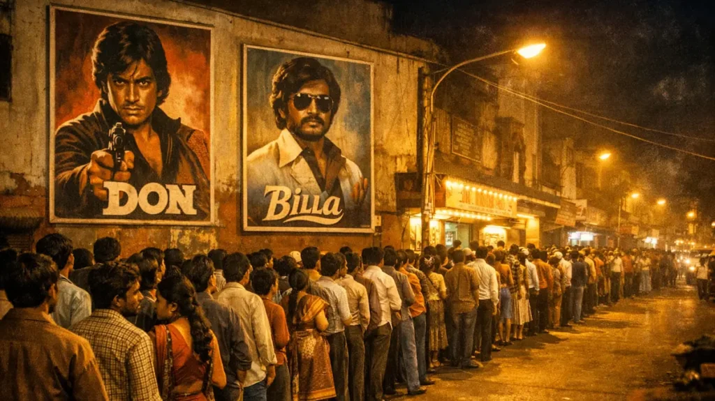 1980s सिनेमा हॉल के बाहर लंबी कतार का मंज़र