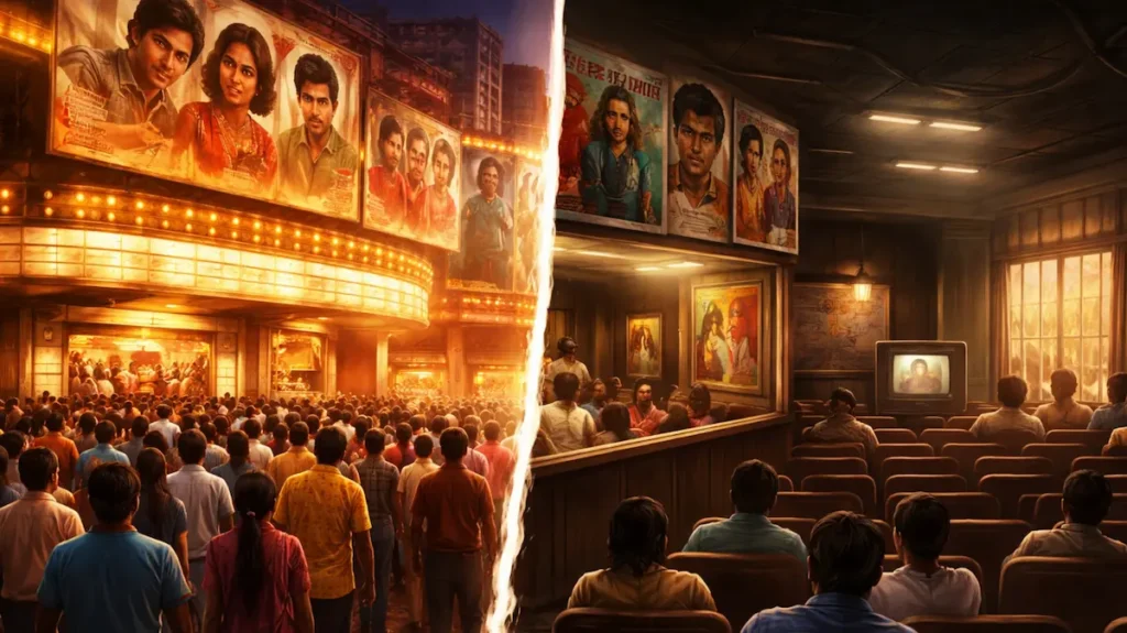 70s से 80s के दौर में सिनेमा हॉल के माहौल में आती गिरावट का मंज़र