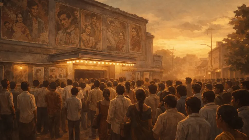 पुराने सिंगल स्क्रीन सिनेमा के बाहर लगी भीड़, 70 के दशक का फ़िल्मी इंतज़ार और उत्साह