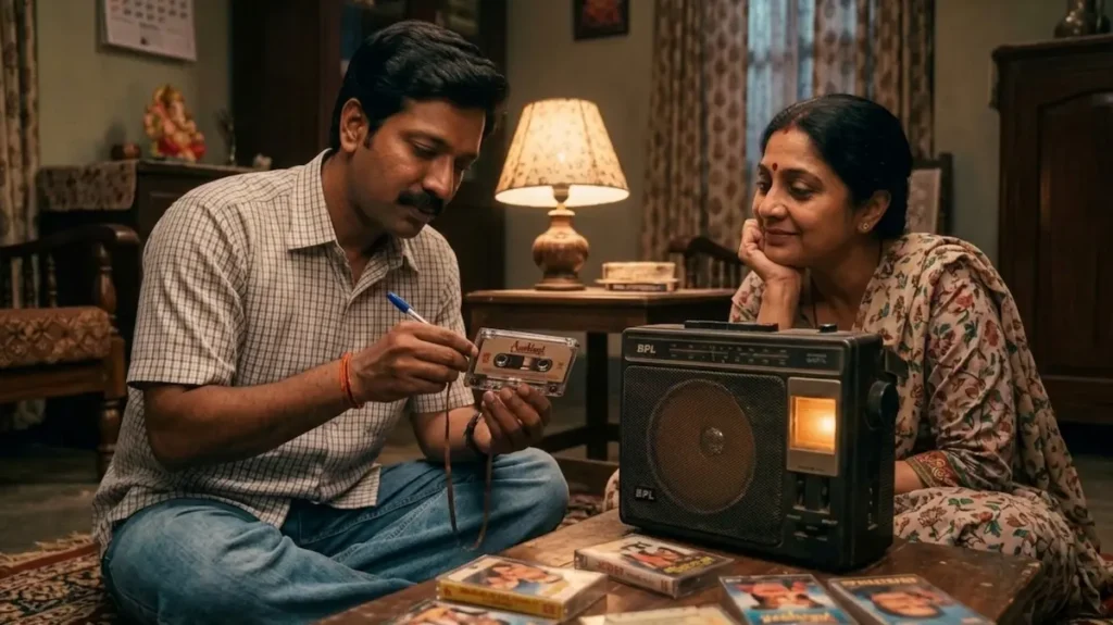 पुराने कैसेट प्लेयर पर 90s बॉलीवुड गीत सुनते लोग