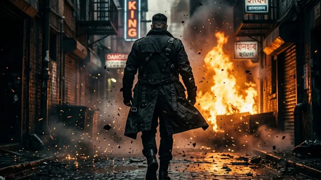 रणनीतिक ट्रेंच कोट पहने शख्स जलती गली में।