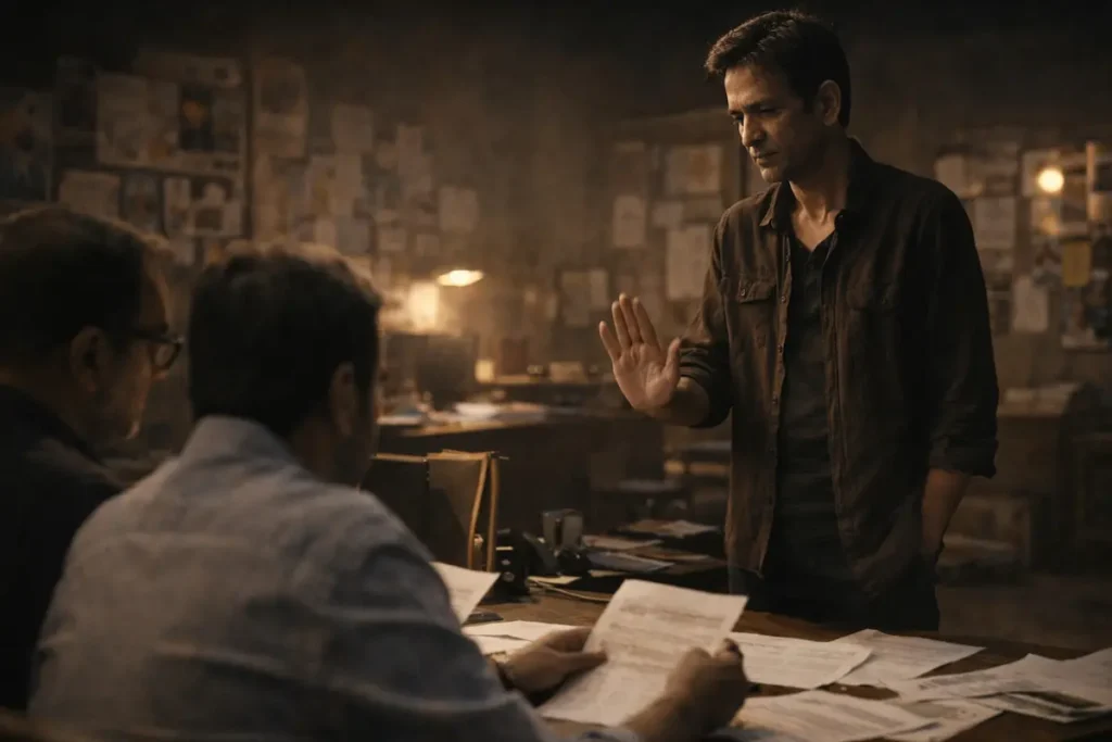 फिल्म ऑफिस में स्क्रिप्ट देखते हुए सोच में डूबा एक अभिनेता