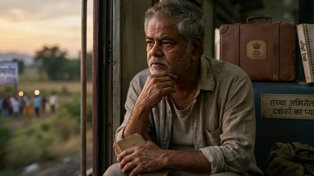 ट्रेन के गेट पर बैठा एक गंभीर अभिनेता जो सोच में डूबा हुआ है