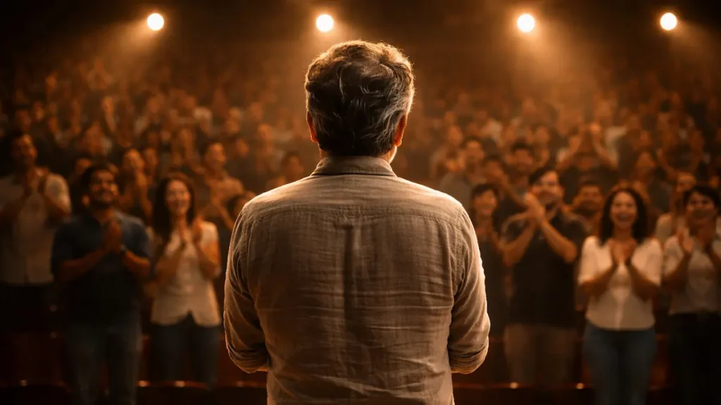 मंच पर खड़ा अदाकार, सामने दर्शकों की तालियों की गूंज