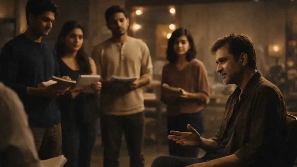 रिहर्सल कमरे में नौजवान कलाकारों से बात करता एक अनुभवी अभिनेता