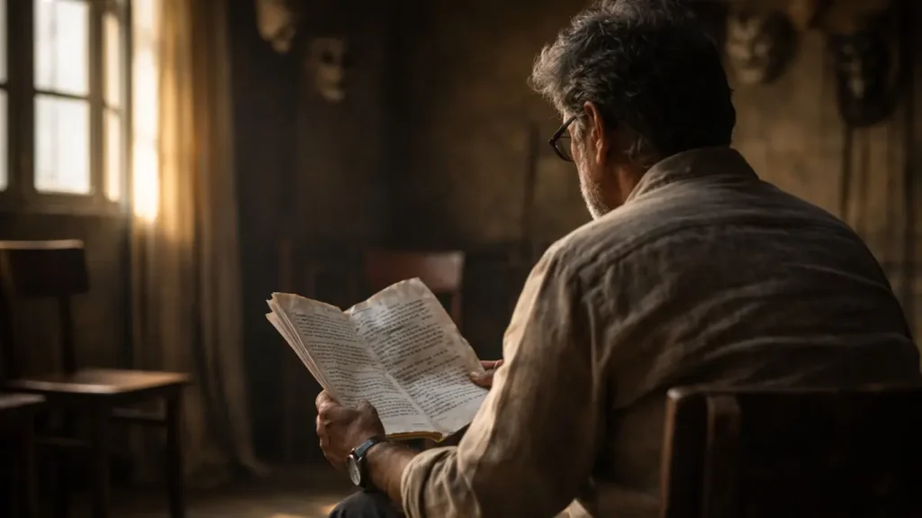 पीछे से दिखता एक अदाकार, हाथ में स्क्रिप्ट लिए ख़ामोशी से पढ़ते हुए