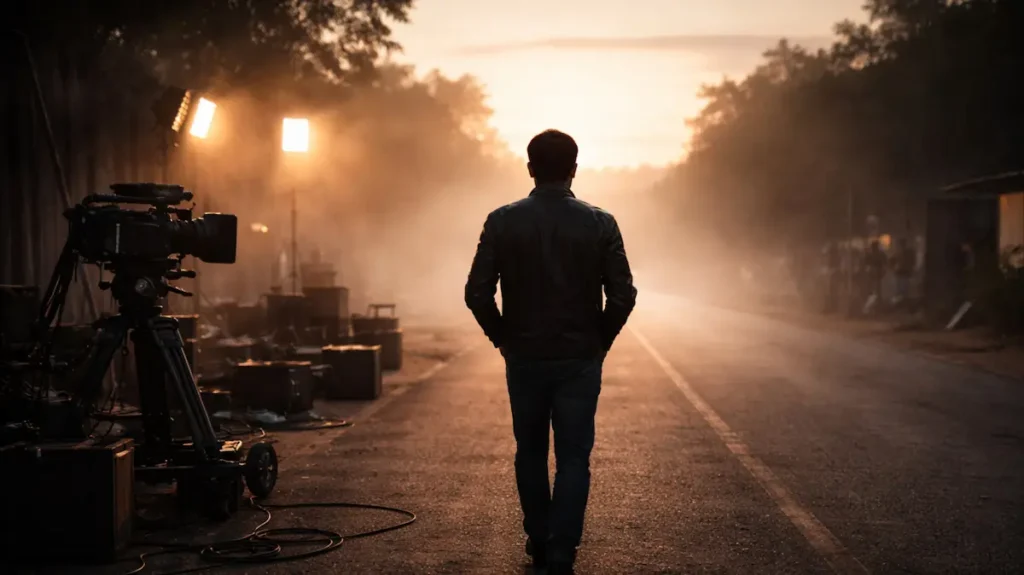 सुबह की रोशनी में फ़िल्म सेट से दूर जाता अकेला अभिनेता