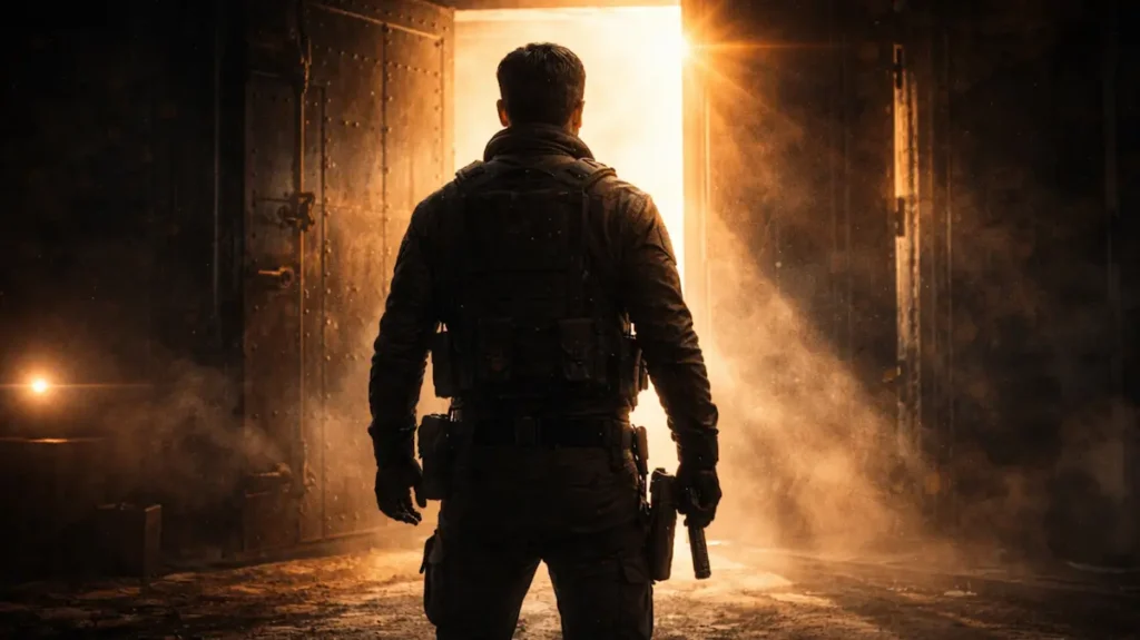 रौशनी भरे लकड़ी के दरवाज़े के सामने खड़ा एजेंट