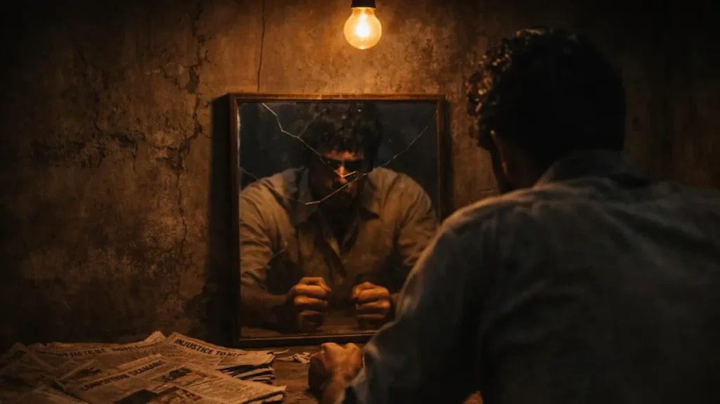 मंद रोशनी में बैठा शख़्स, अख़बारों और टूटी शीशे के बीच उभरता ग़ुस्सा