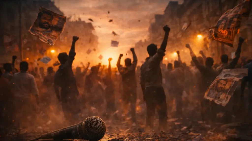 भीड़ में उठते हाथ और ज़मीन पर पड़ा माइक, दबे हुए ग़ुस्से की झलक