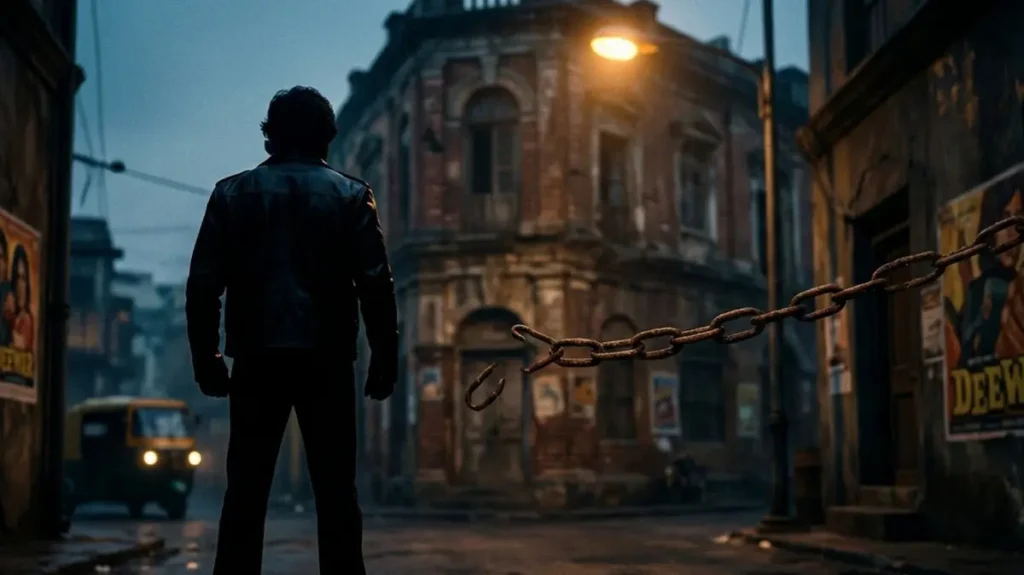 अंधेरी गली में खड़ा एक शख्स और लोहे की ज़ंजीर का मंजर