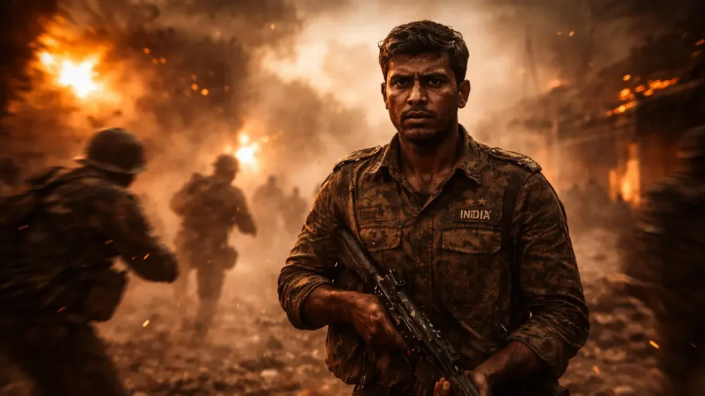 धमाकों के बीच ठहरा हुआ फौजी चेहरा