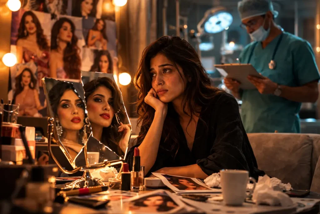 मेकअप टेबल के सामने बैठी एक अभिनेत्री जो अपने चेहरे को लेकर गहरी सोच में डूबी दिखाई दे रही है