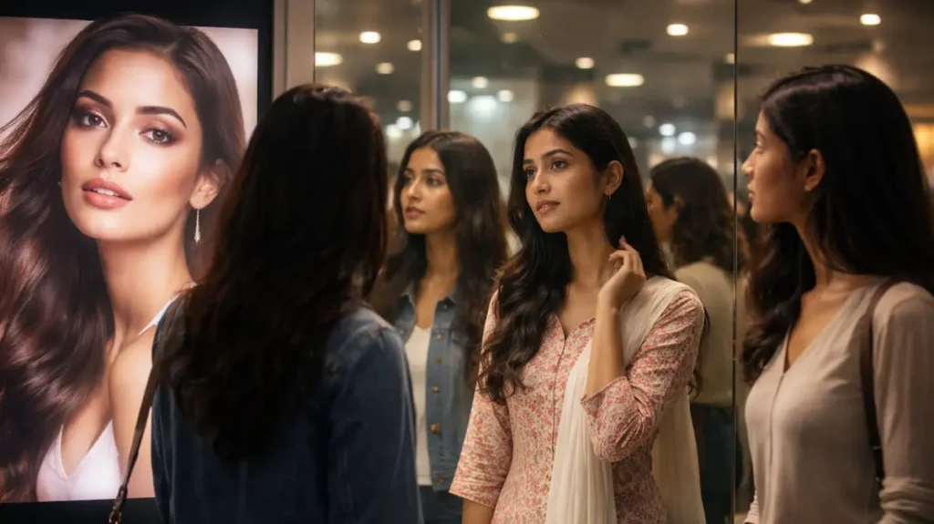 आईने के सामने खड़ी लड़कियाँ और पास में दिखता ग्लैमरस ब्यूटी विज्ञापन
