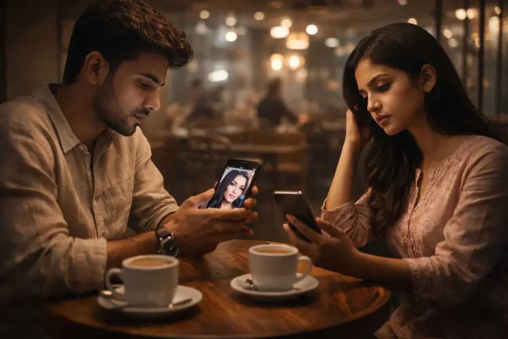 कैफ़े में बैठे एक जोड़े के बीच सोशल मीडिया ब्यूटी तुलना का खामोश लम्हा