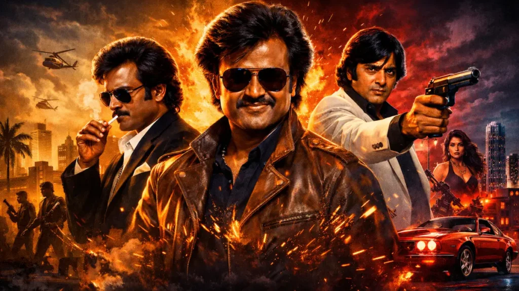 80s के दौर की सिनेमा रौशनी में खड़ा एक प्रतीकात्मक फ़िल्मी दृश्य, गहरे साये और गंभीर माहौल के साथ