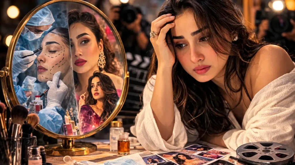 आईने के सामने बैठी एक लड़की जो खूबसूरती के दबाव में सोच में डूबी दिखाई दे रही है
