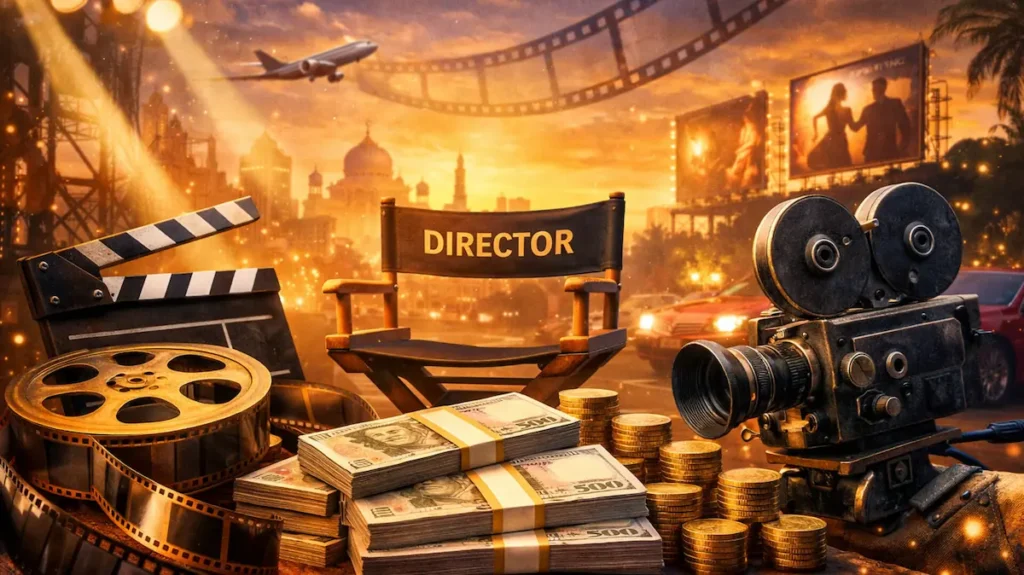 फ़िल्म कैमरा, नोटों और सिक्कों के साथ सजी बॉलीवुड की कारोबारी दुनिया का दृश्य