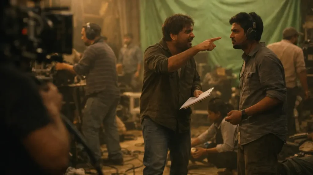 अव्यवस्थित बॉलीवुड फिल्म सेट पर बहस करता डायरेक्टर और उलझी हुई क्रू