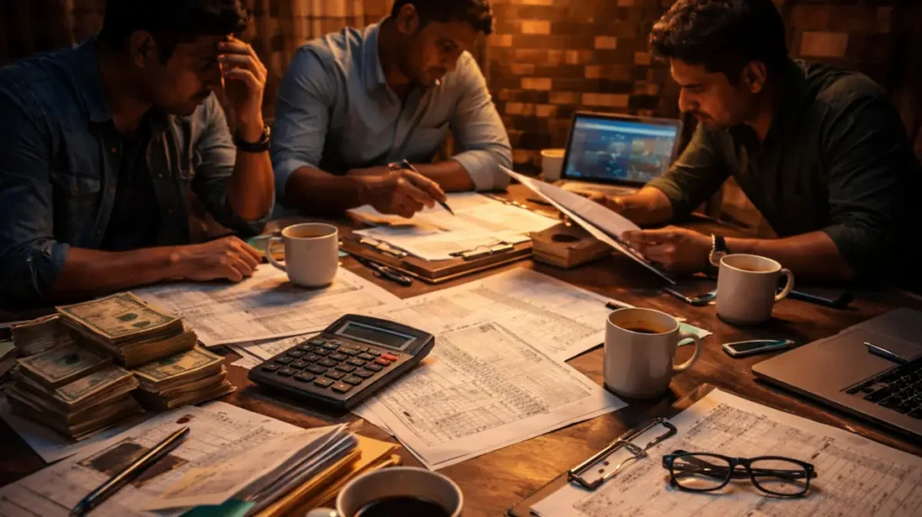 फ़िल्म प्रोडक्शन ऑफिस में बजट और हिसाब-किताब पर चर्चा करते निर्माता