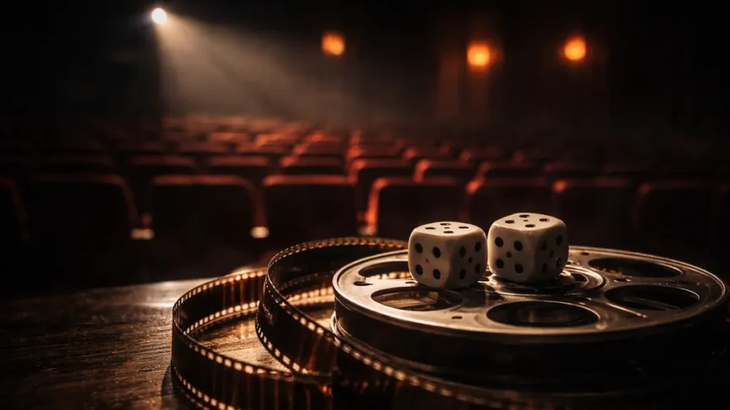 फ़िल्म रील पर रखे पासे और ख़ाली सिनेमाघर