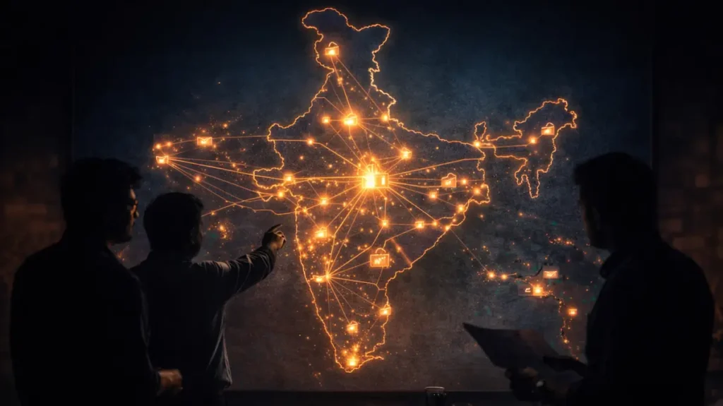 भारत के नक़्शे पर फ़िल्म वितरण की रणनीति पर चर्चा करते वितरक