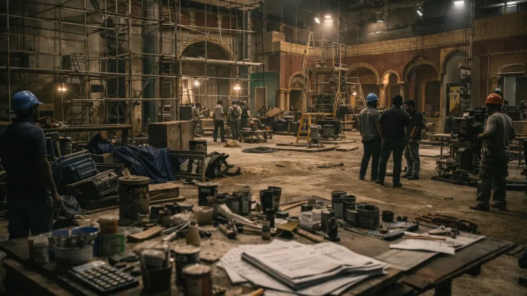 बॉलीवुड फ़िल्म का सेट बनता हुआ, आर्ट और टेक्निकल यूनिट काम में