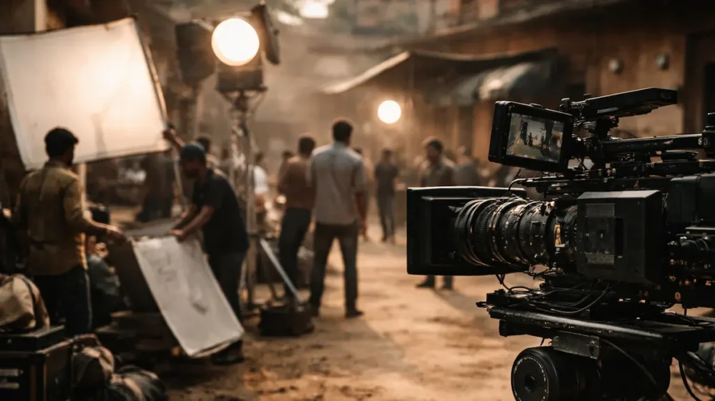 बॉलीवुड फ़िल्म की आउटडोर शूटिंग, कैमरा और यूनिट काम करते हुए