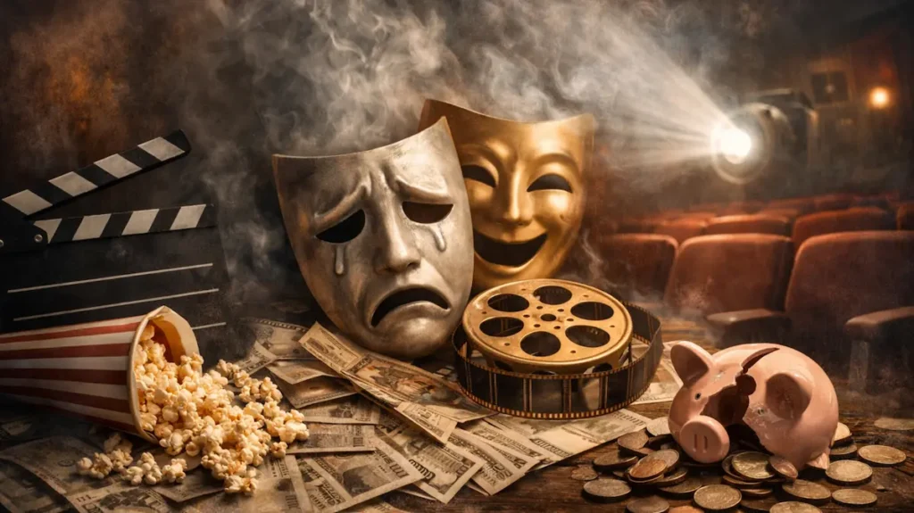 फिल्म रील, टूटता गुल्लक और उदास मुखौटे के साथ सिनेमा हॉल का दृश्य