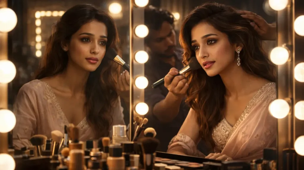 ड्रेसिंग रूम के आईने के सामने बैठी एक अभिनेत्री जिस पर मेकअप आर्टिस्ट ग्लैमरस मेकअप कर रहा है