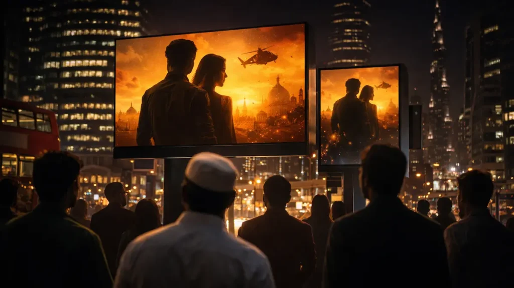 विदेशी शहर की डिजिटल बिलबोर्ड पर फ़िल्म पोस्टर देखते दर्शक