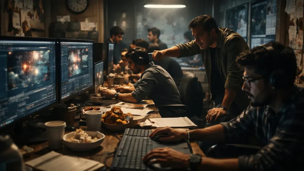 बॉलीवुड पोस्ट-प्रोडक्शन स्टूडियो में तनाव के बीच काम करते वीएफएक्स कलाकार