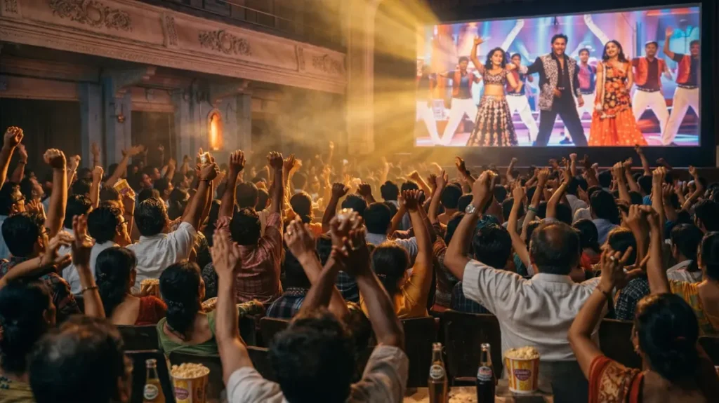 सिनेमा हॉल में फिल्मी गाने पर जोश से झूमते दर्शक