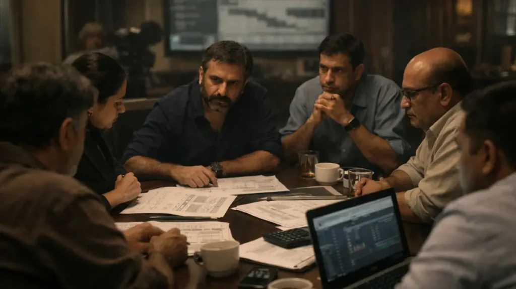 वीएफएक्स बोली बैठक में बजट और टाइमलाइन पर चर्चा करता बॉलीवुड ग्रुप