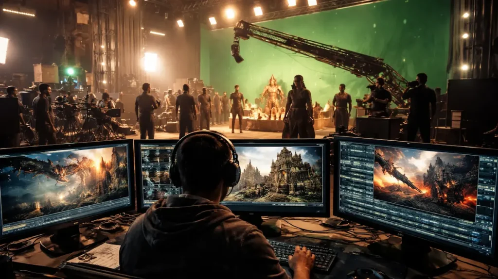 ग्रीन स्क्रीन सेट पर VFX आर्टिस्ट काम करते हुए