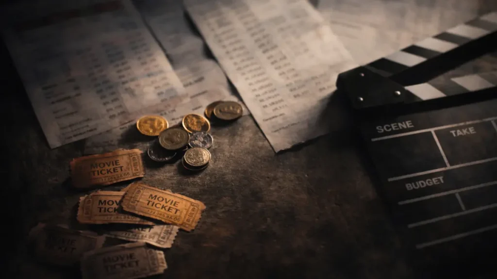 टेबल पर बिखरे फ़िल्म टिकट, सिक्के और क्लैपर बोर्ड की सायादार झलक