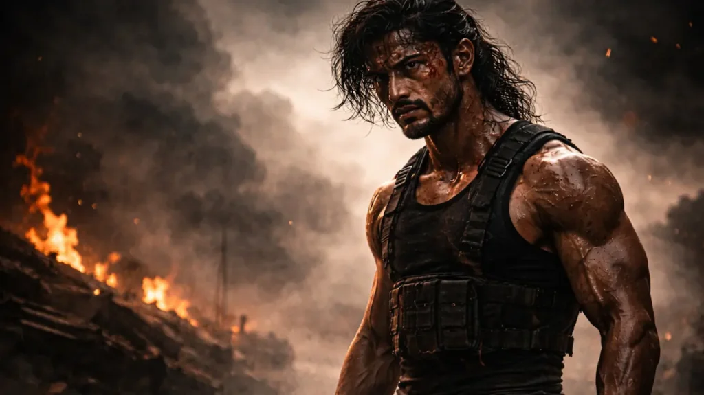 धुएँ और आग के बीच खड़ा घायल मगर अडिग एक्शन हीरो