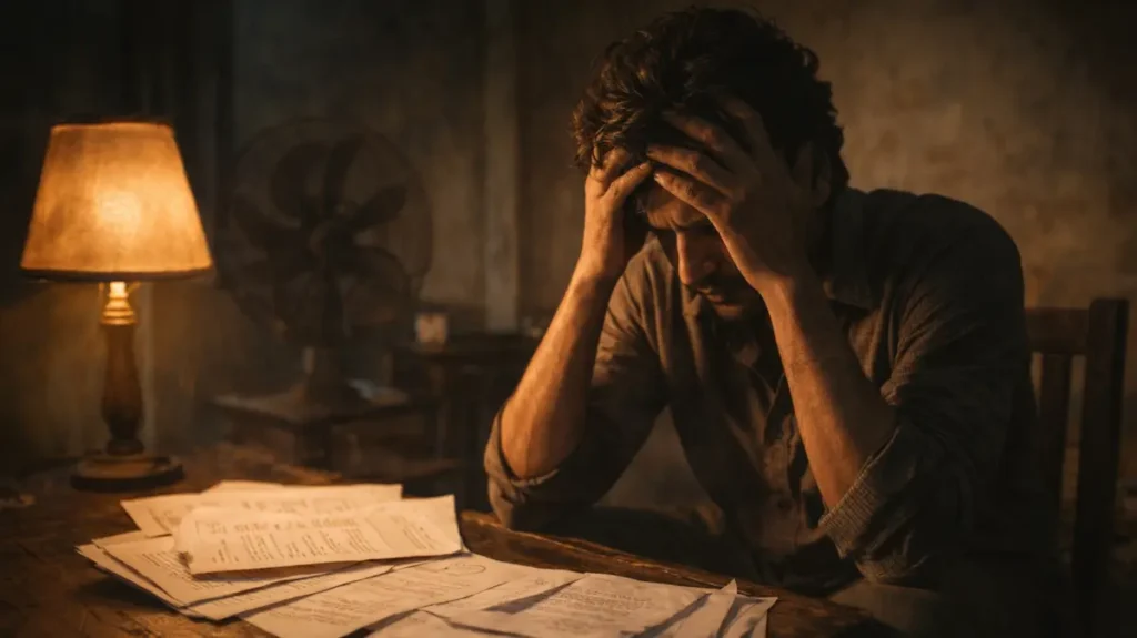 रात की तन्हाई में माथा थामे बैठा परेशान एक नौजवान अदाकार