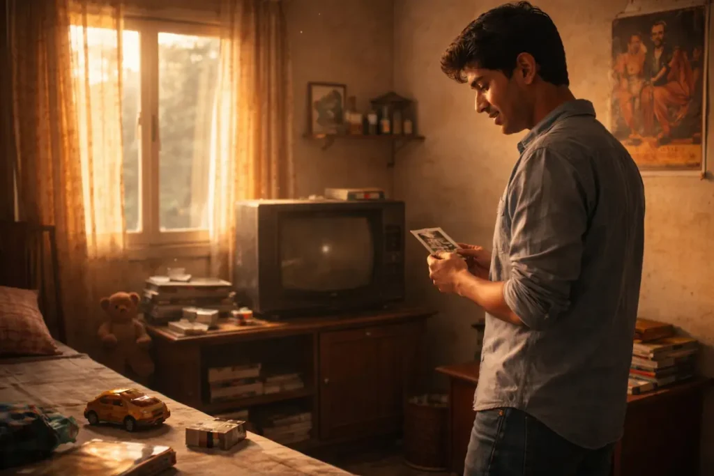 पुराने कमरे में खड़ा एक शख़्स बचपन की यादों और गुज़रे वक़्त को महसूस करता हुआ