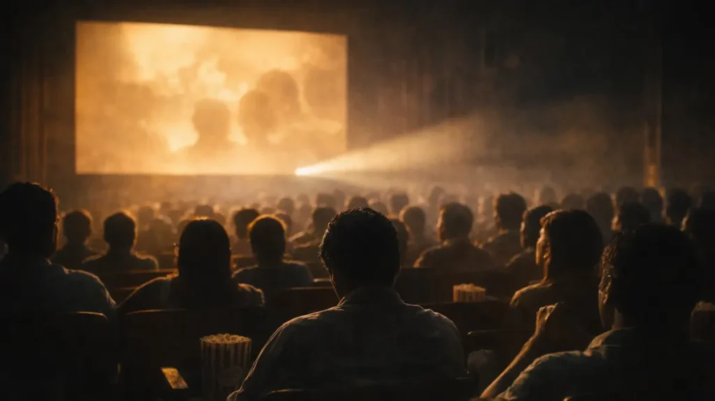 सिनेमा हॉल में बैठे लोग, स्क्रीन की रोशनी में डूबे जज़्बात