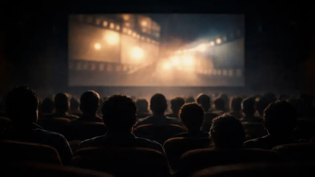 सिनेमा हॉल में फ़िल्म देखते दर्शकों की ख़ामोश नज़रें