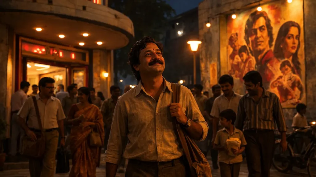 सिनेमा हॉल से बाहर निकलता आम शख़्स, चेहरे पर सुकून और हल्की राहत