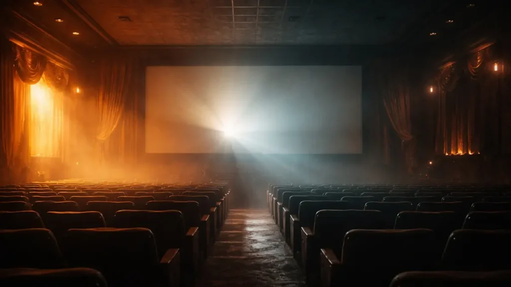 ख़ाली सिनेमा हॉल जहाँ रोशनी दो अलग मिज़ाजों में बंटी हुई है