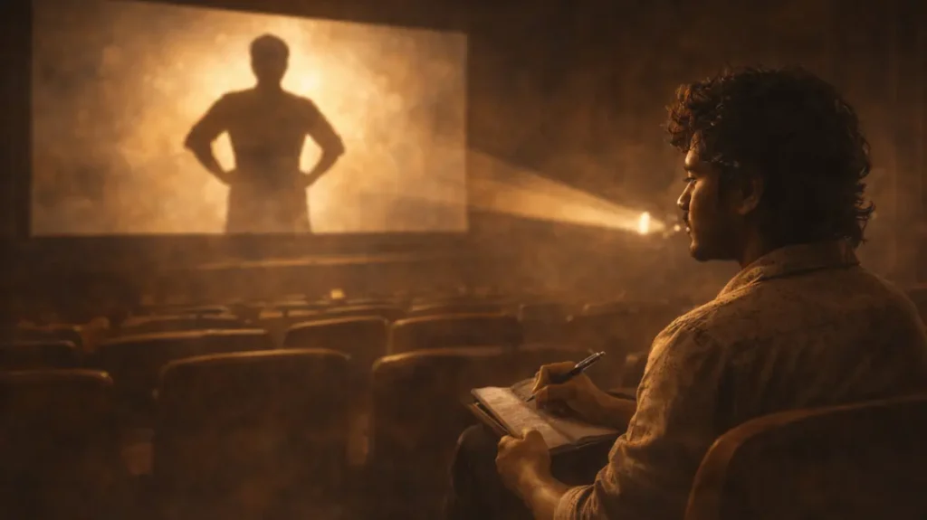 सिनेमा हॉल में फिल्म देखते हुए नोट्स लिखता एक सोच में डूबा नौजवान अदाकार